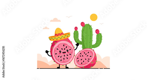 Cheerful Dragon Fruit Wearing Sombrero Smiles with Cactus Under Sunny Skies
