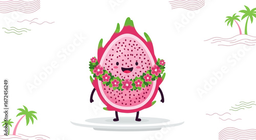 Cheerful Dragon Fruit with Floral Garland on Tropical Island Scenery With Palm Trees
