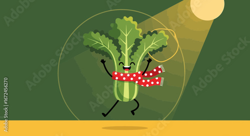 Cheerful Bok Choy Character Enjoying Under a Spotlight and Dressed for the Occasion