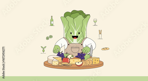 Cheerful Bok Choy Charcuterie Chef Preparing Delightful Food Arrangements And Platters