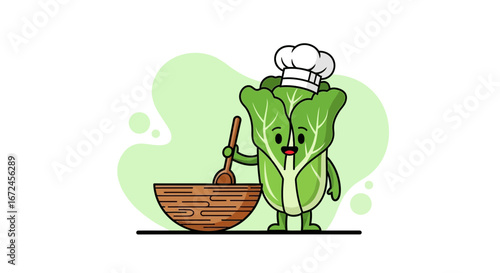 Cheerful Bok Choy Chef Cooking with a Wooden Bowl and Spoon in Cartoon Illustration.