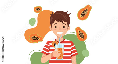 Cheerful Boy Enjoying Fresh Papaya Juice with Vibrant Fruit Illustration