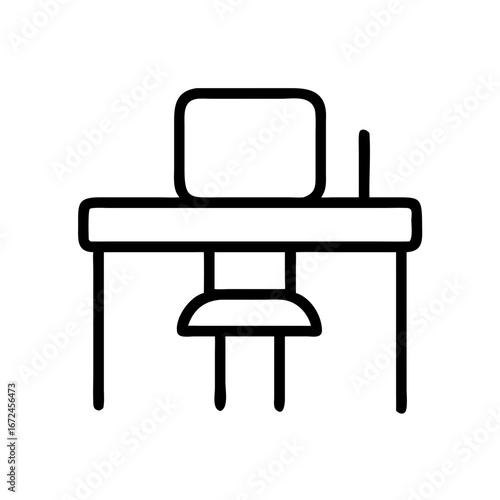 Simple desk with chair and computer in minimal line style  