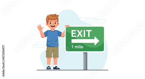 Cheerful Boy Guiding Travelers to Their Destination With An Exit Sign On a Road