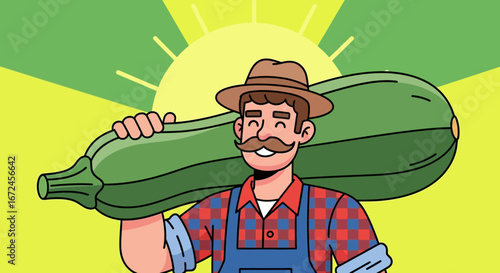 Cheerful Farmer Displaying Giant Zucchini Harvest Under The Warm Sunlight