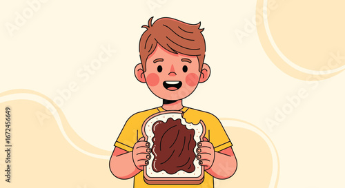 Cheerful Boy Nibbling Chocolate Spread Sandwich Smiling and Enjoying A Delicious Bite