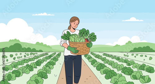 Cheerful Farmer Harvesting Fresh Vegetables From Her Garden Under a Bright Sky Environment
