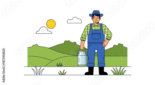 Cheerful Farmer Holding Milk Can on a Sunny Day Ready For Farmwork