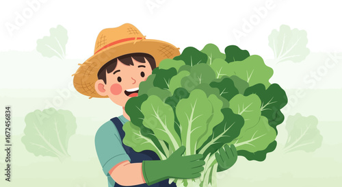 Cheerful Farmer Holding Large Bunch Of Freshly Harvested Green Leafy Vegetables