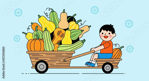 Cheerful Boy Pulling Wagon Bursting With Seasonal Squash, Harvest Joyful Illustration