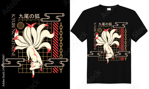 Japanese streetwear t-shirt design featuring Kitsune nine tailed fox spirit with mystical fantasy art style
