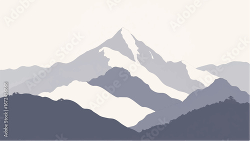 Mountains Covered with Snow. Mountain Landscape. Minimalist Illustration of Snow-Capped Mountains.
