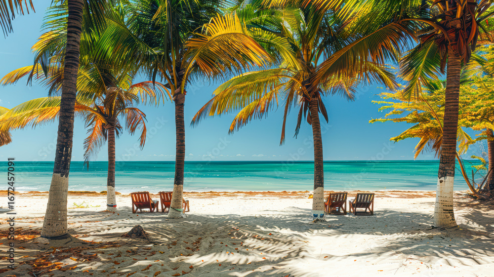 Obraz premium Tropical beach scene with palm trees and lounge chairs under a clear blue sky