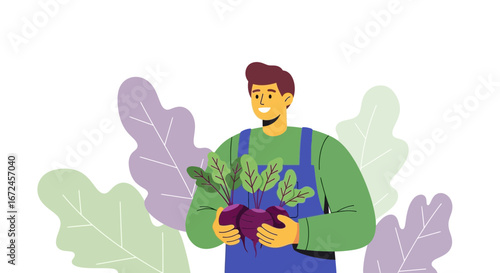 Cheerful Farmer Proudly Displaying Freshly Harvested Beetroots From The Garden