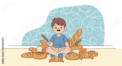 Cheerful Boy Surrounds Himself With Freshly Baked Bread From Various Locations
