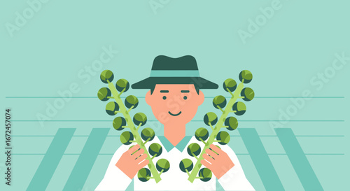 Cheerful Farmer Proudly Presenting Freshly Harvested Brussels Sprouts on a Green Background