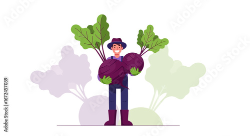 Cheerful Farmer Proudly Presents Huge Beetroot Harvest With Fresh Green Leaves And Happy Mien