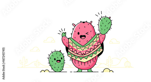 Cheerful Cactus Duo Expressing Mexican Spirit With Colorfully Decorated Poncho