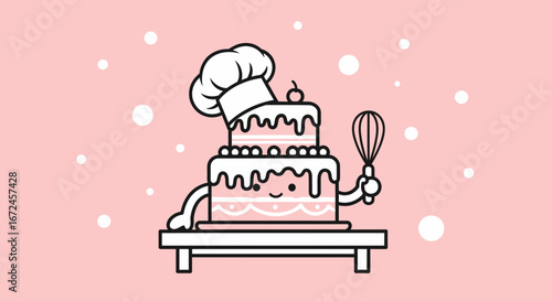 Cheerful Cake Character With Whisk And Chef Hat, Perfect For Baking Themes