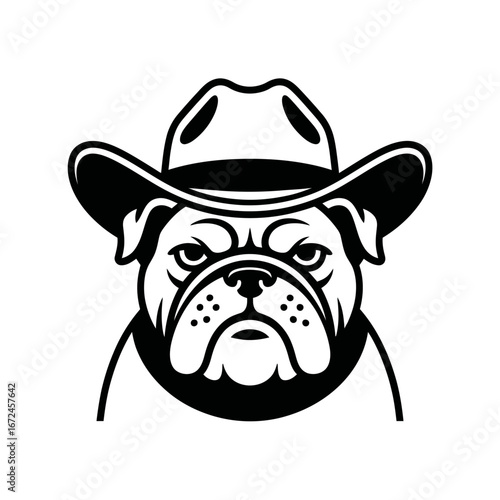 Silhouette vector illustration of a bulldog head wearing a cowboy hat. Western style dog graphic design perfect for logos, mascots, prints, and vintage-themed artwork.