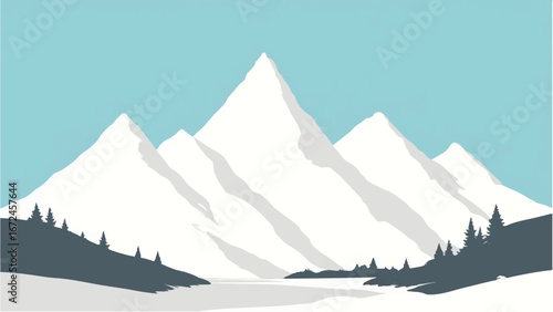 Mountains Covered with Snow. Mountain Landscape. Minimalist Illustration of Snow-Capped Mountains.