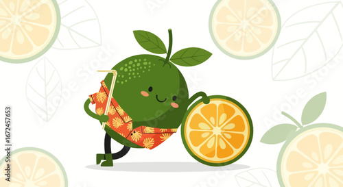 Cheerful Fruit Character with Hawaiian Shirt Holding Citrus Slice Illustration
