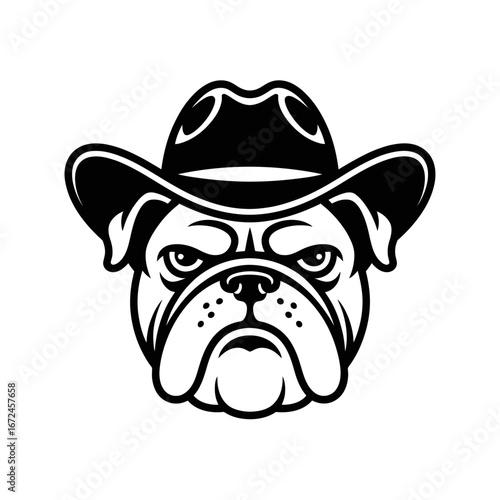 Silhouette vector illustration of a bulldog head wearing a cowboy hat. Western style dog graphic design perfect for logos, mascots, prints, and vintage-themed artwork.