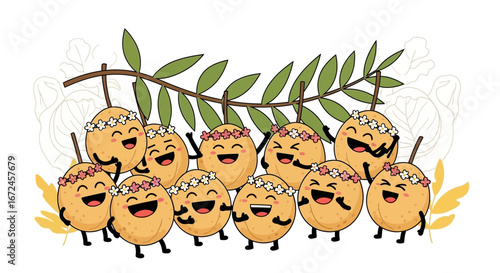 Cheerful Fruit Characters With Floral Crowns Celebrating Together in a Lively Gathering