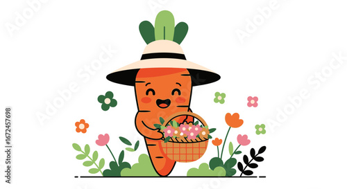 Cheerful Carrot Character Delivers Blossoms, A Delightful Springtime Scene and Vibe