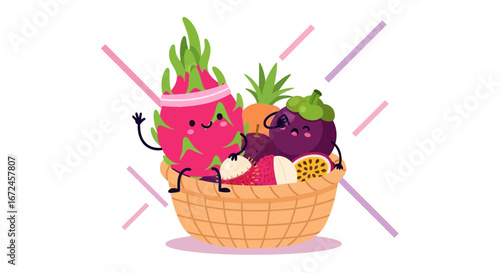 Cheerful Fruits Basket Characterized by Diverse Varieties and Their Smiling Faces