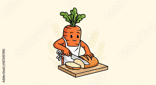 Cheerful Carrot Character Preparing Freshly Baked Bread In A Whimsical Cartoon Illustration