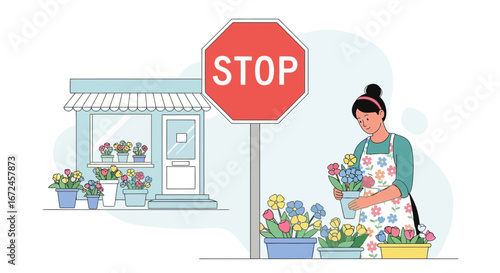 Charming Florist Adorned With Floral Blooms Amidst Vibrant Stop Sign Presence