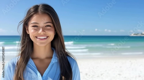 Young woman enjoys the beach with a radiant smile, surrounded by clear blue water and soft white sand on a sunny day