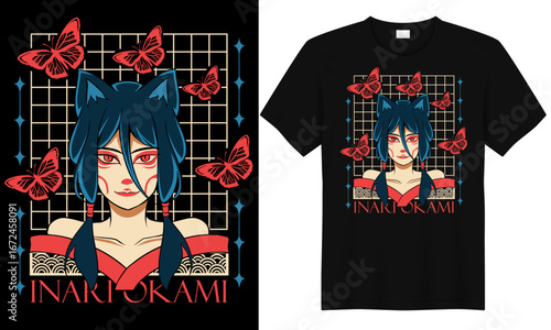 Japanese streetwear t-shirt design with Inari Okami fox spirit anime girl, red butterflies and bold art