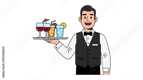 Stylish Service: A well-groomed waiter offers an inviting tray of refreshing drinks, a beacon of hospitality and refreshment.