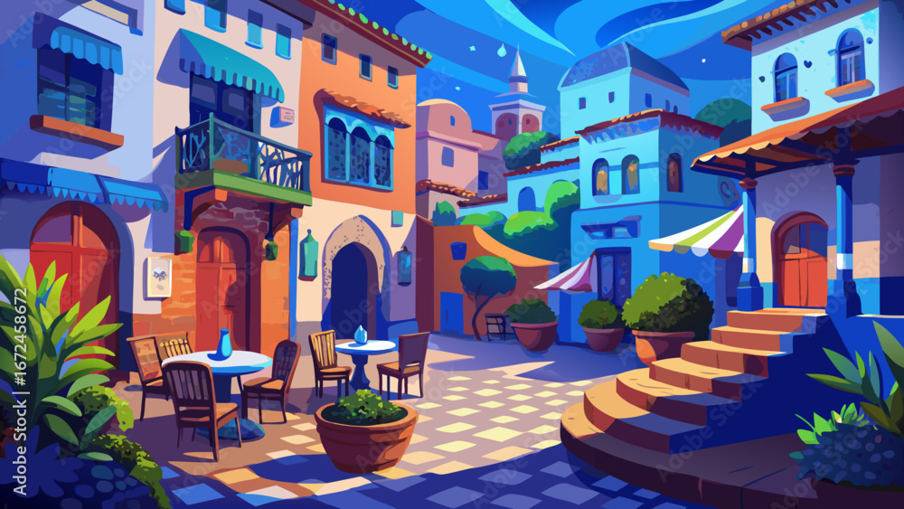 Obraz premium A beautiful square in Chefchaouen shines under warm light, with blue-toned walls surrounding lively cafes. The artistic view captures the city’s beauty, blending Moroccan tradition with peaceful, colo