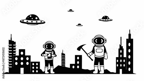 Two astronauts in a city with ufos flying above holding tools and wearing spacesuits in black and white | editable eps vectors silhouette