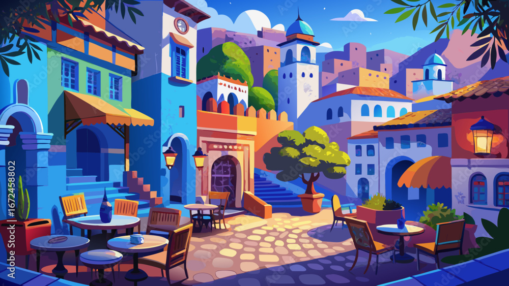 Obraz premium A beautiful square in Chefchaouen shines under warm light, with blue-toned walls surrounding lively cafes. The artistic view captures the city’s beauty, blending Moroccan tradition with peaceful, colo