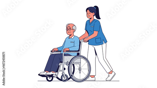 Caring Gesture: A dedicated caregiver gently guides an elderly individual in a wheelchair, capturing the essence of compassion, medical assistance, and assisted living.