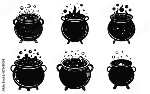 Witch cauldrons bubbling with mysterious potions and smoke. Witch Cauldron Set.