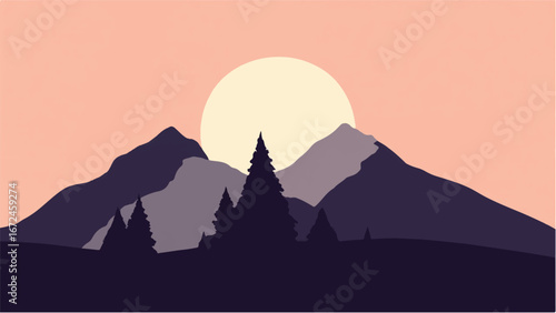 Sunset Over Layers of Rolling Hills and Mountains Landscape. Illustration of a Mountain Landscape at Sunset.