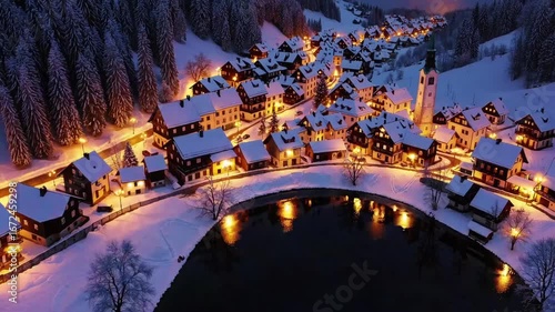 Overhead perspective of lit-up dwellings in enchanted hamlet in snowfall, woodland, Jasna body of water, pathway illuminations at winter nighttime. Top-down view of high mountains in mist, snow-cover