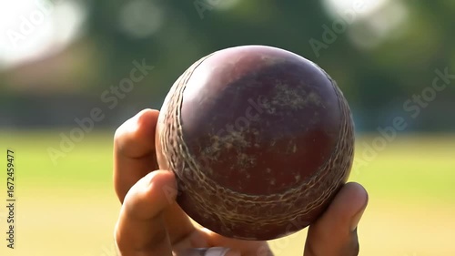 Inspecting cricket ball in hand, test cricket ball