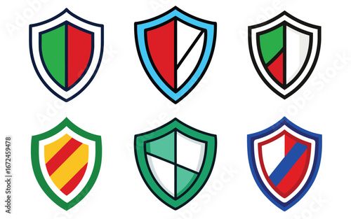 Collection of colorful shield emblems with different geometric patterns and color combinations. Security Shields and Badges Icon Set
