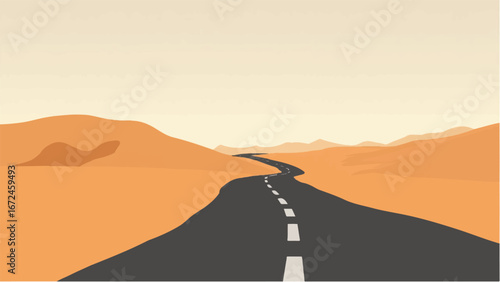 Road Through a Serene Desert Landscape. Minimalist Desert and Road Landscape Illustration
