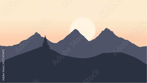 Sunset Over Layers of Rolling Hills and Mountains Landscape. Illustration of a Mountain Landscape at Sunset.