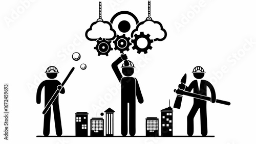 Construction workers building infrastructure with gears and clouds above the city skyline view scene | editable eps vectors silhouette