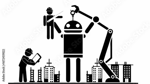 Android robot construction with engineers and robotic arm overseeing the cityscape development project | editable eps vectors silhouette