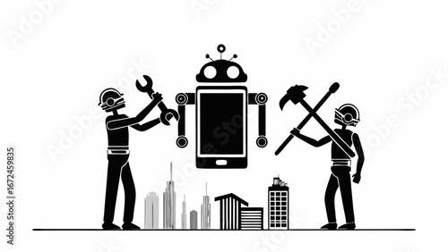 Illustration of two workers building a robot with a smartphone body over a city skyline design | editable eps vectors silhouette