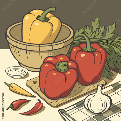 Colorful still life of bell peppers and ingredients